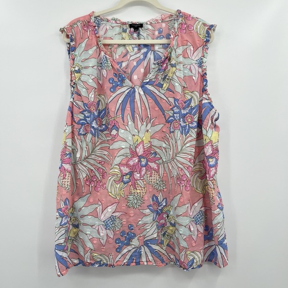Talbots Tops - Women's Blouse Talbots 3X Pink Resort Wear Vacation L Palm Birds Novelty Print